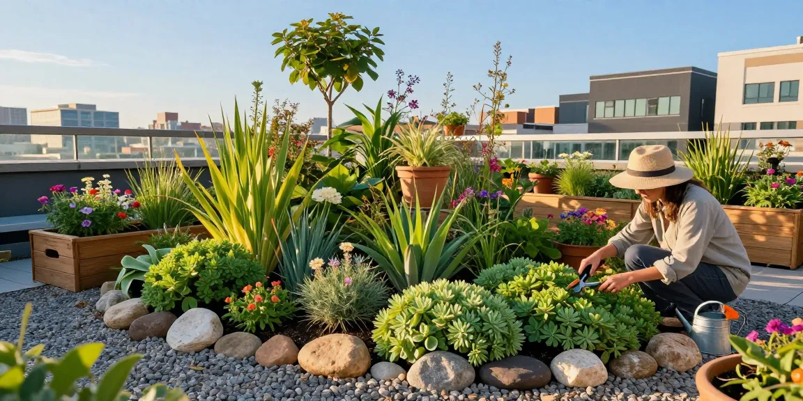 Schöner grüner Dachgarten mit Fetthenne-Pflanzen in einem lebhaften städtischen Umfeld, das die Pflege von Gartenpflanzen zeigt.