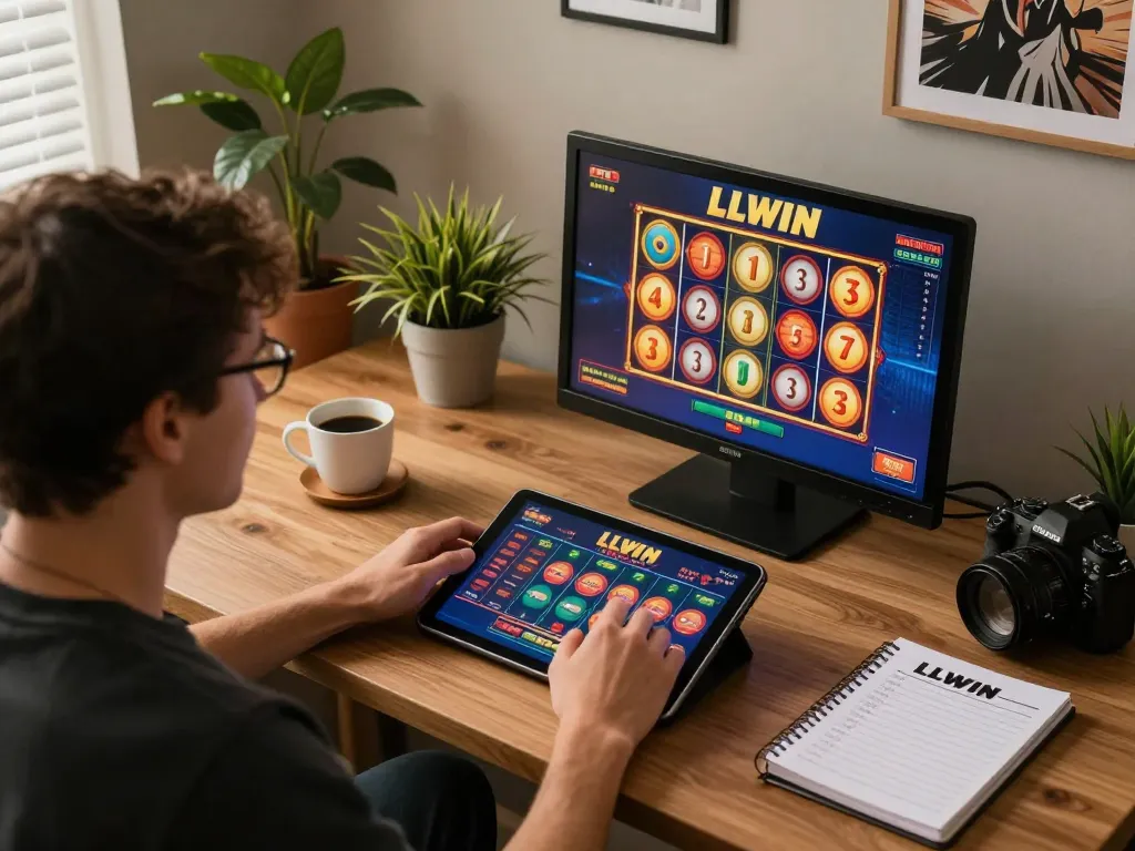 Experience the LLWIN Function while gaming at home, enjoying vibrant slots and strategic betting.
