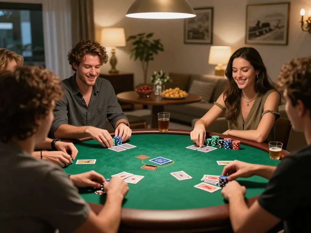 Man88 poker night with friends enjoying Texas Hold'em at home table.