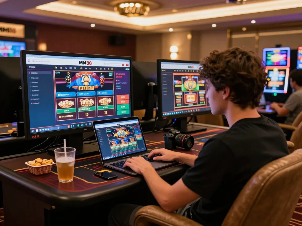 Engaged player exploring the trang chủ mm88 online casino with a laptop at home, enhancing the gambling experience.