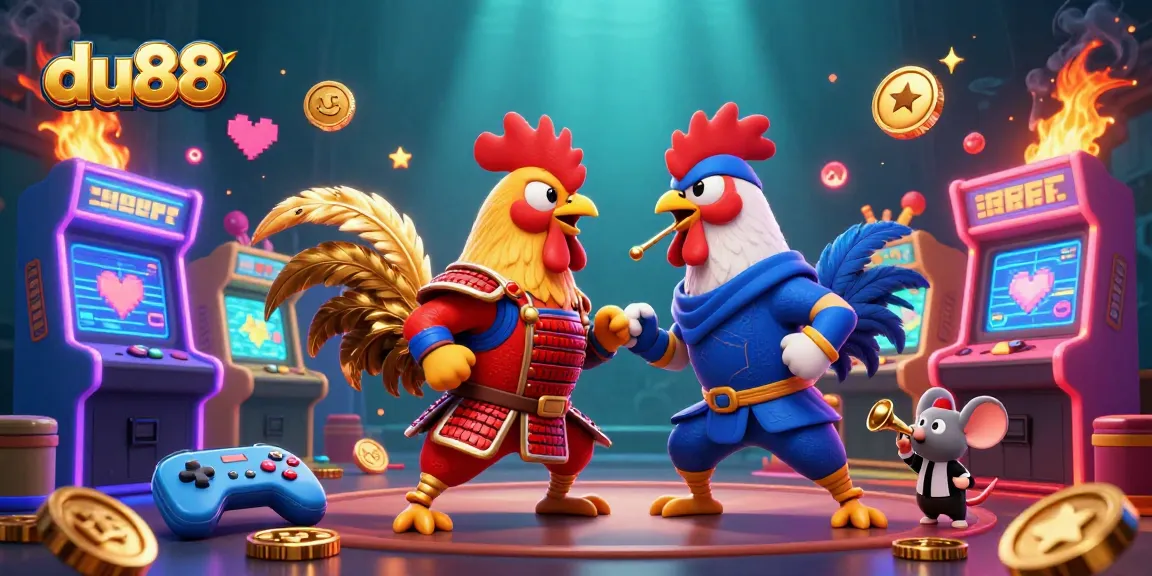 Engage in exciting du88 gaming action with fighting roosters and energetic casino elements.