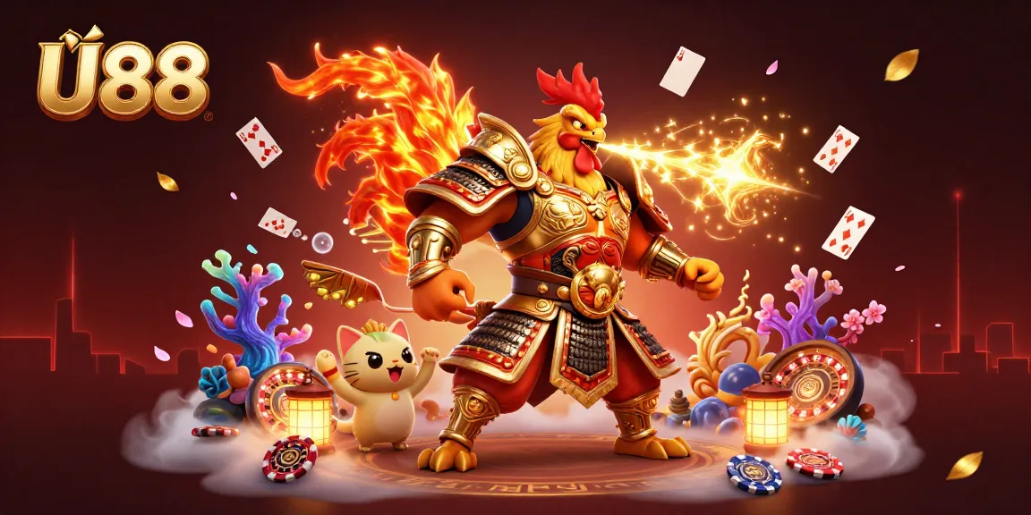 Engage in thrilling gambling strategy with U88 in this vibrant 3D illustration featuring dynamic casino elements.