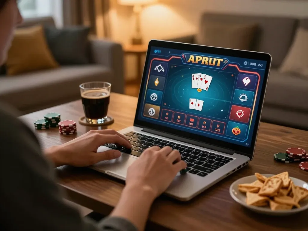 Engaging online poker gameplay at home, showcasing the excitement of trang chủ TG88 in a cozy setting.