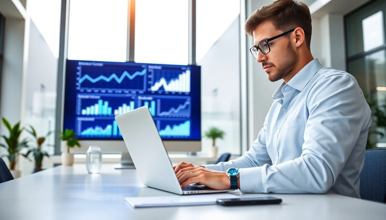 Online Marketing Strategie visualisiert durch einen Experten in einem modernen Büro.