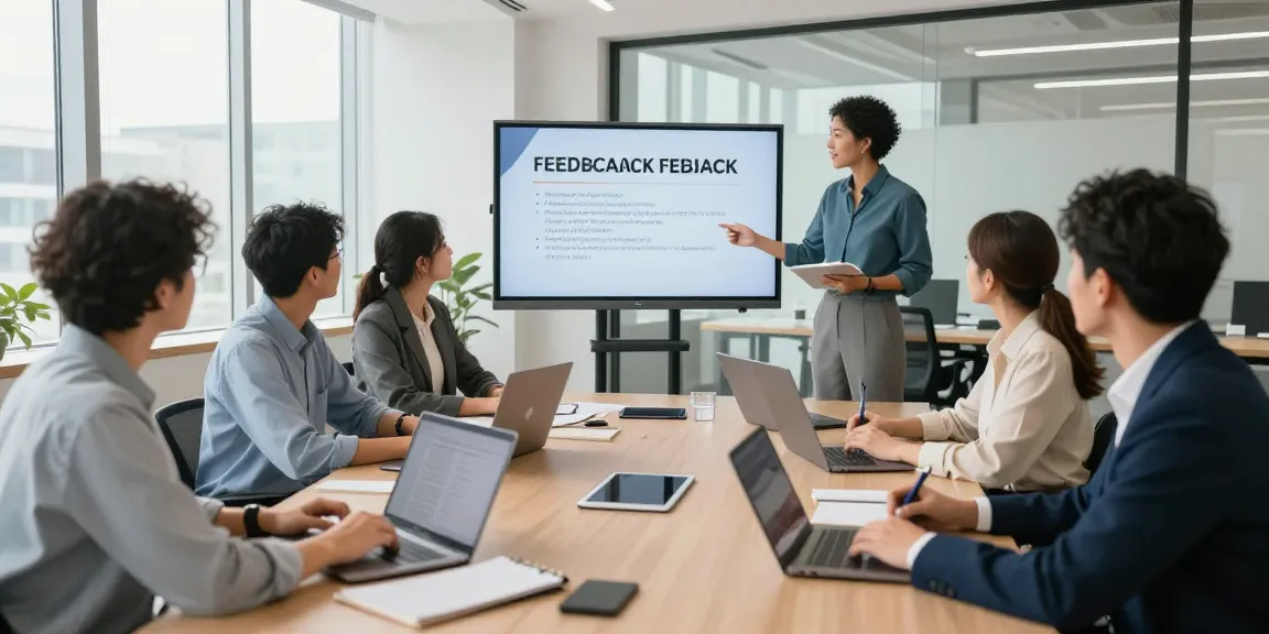 Stress mit Chef: Präsentation eines Feedback-Meetings in einem modernen Büro mit engagierten Mitarbeitern.
