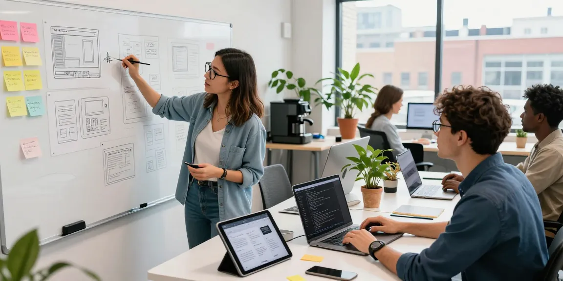 Web Agentur-Team arbeitet an innovativen Webdesigns in einem modernen Arbeitsumfeld.
