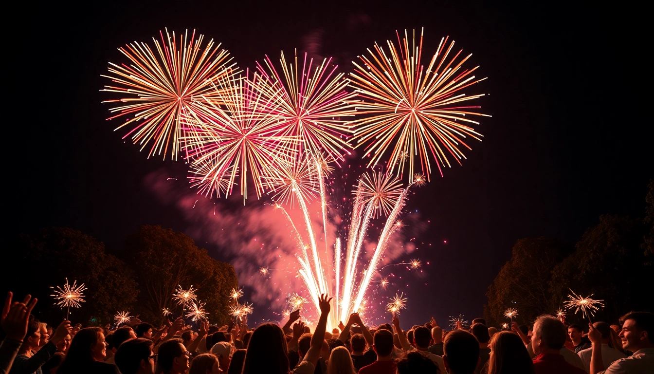 Vibrant wholesale fireworks illuminating a festive crowd's excitement at night.
