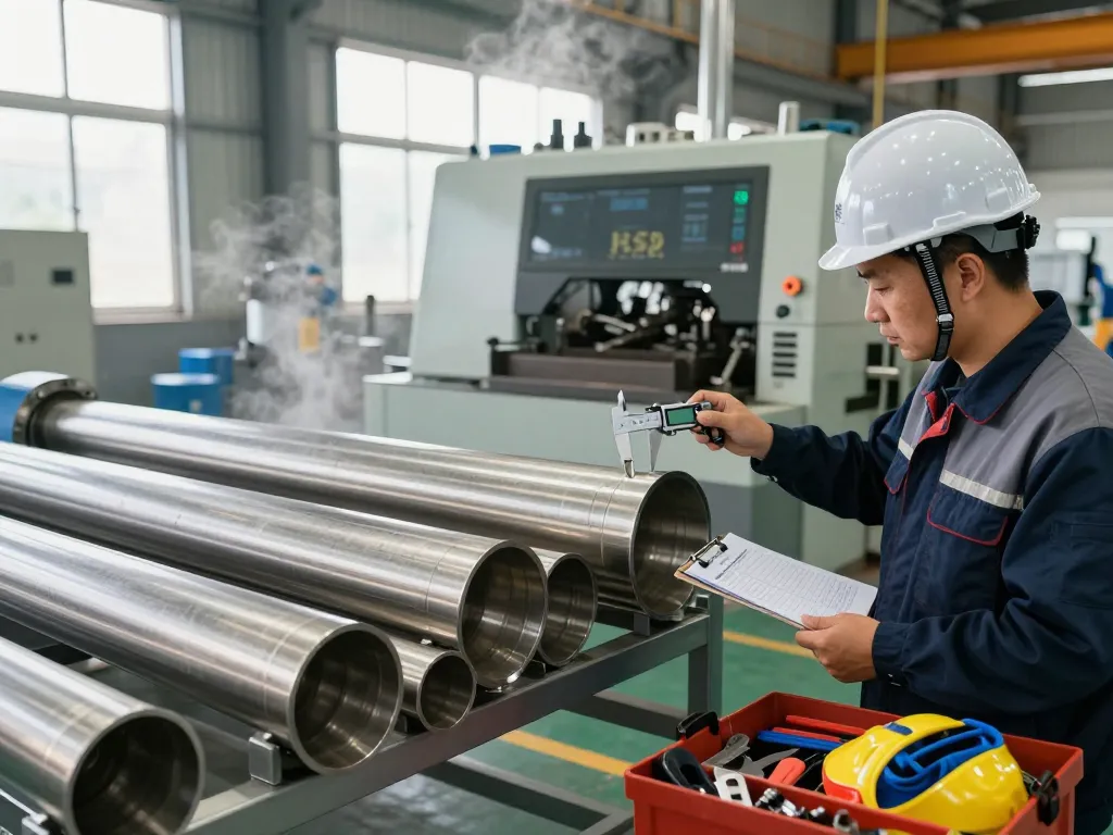 Quality inspection of sumwin stainless steel pipes in a professional manufacturing facility highlighting craftsmanship.