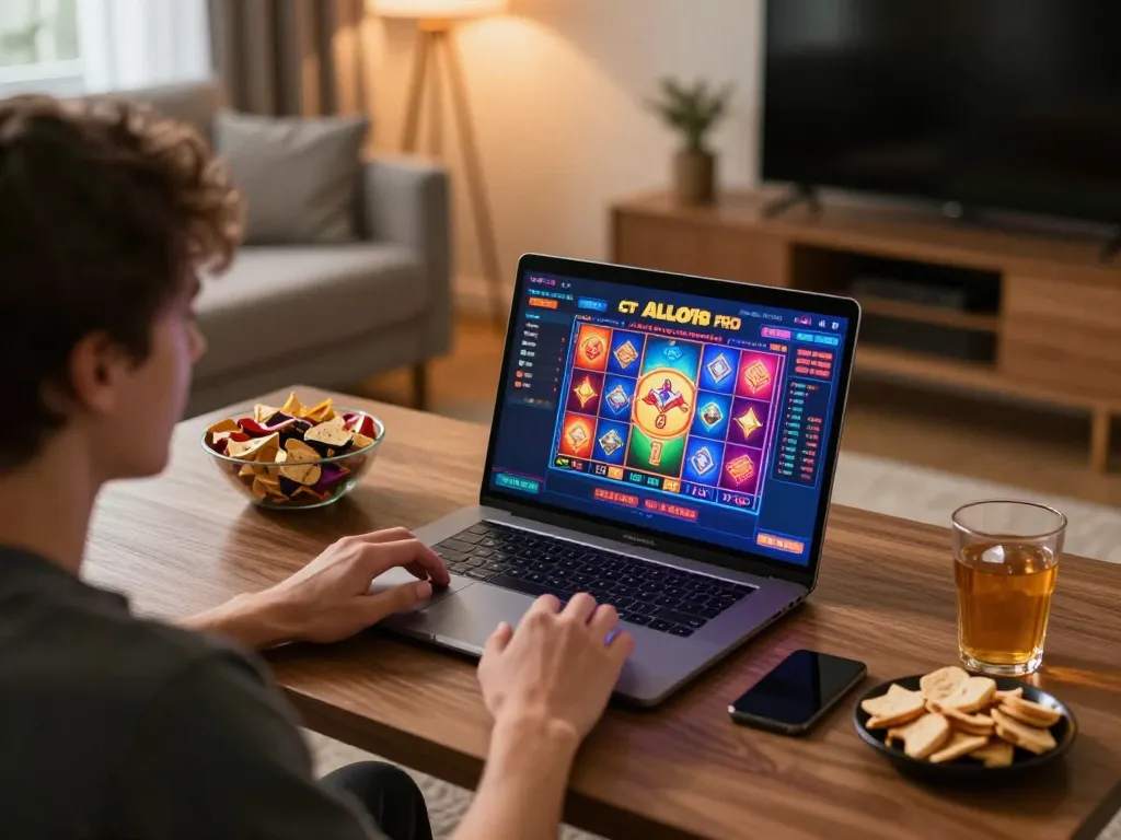 Player enjoying an online gaming session with ALO8 PRO interface on laptop in a cozy home setting.
