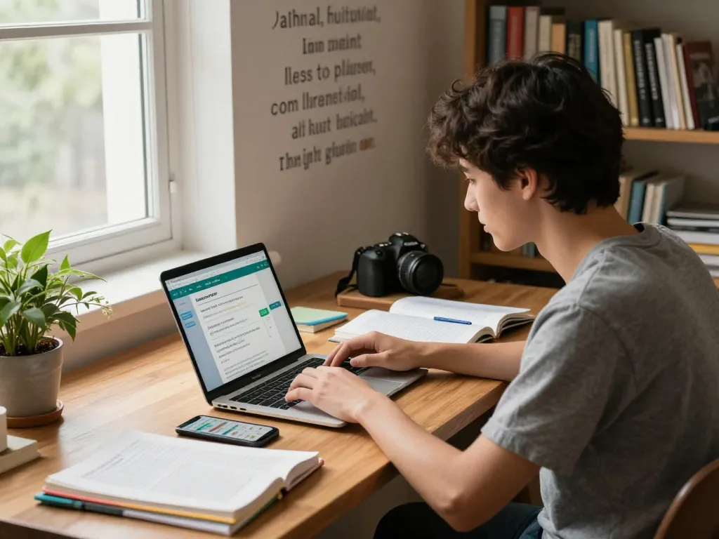 Student, der Hausaufgaben Löser online auf Laptop nutzt, umgeben von Büchern und Notizen in einem hellen Lernraum.