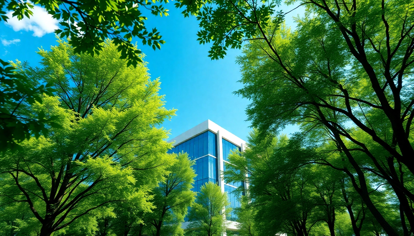 3D visualisierung eines modernen Architekturobjekts in einem grünen Umfeld.