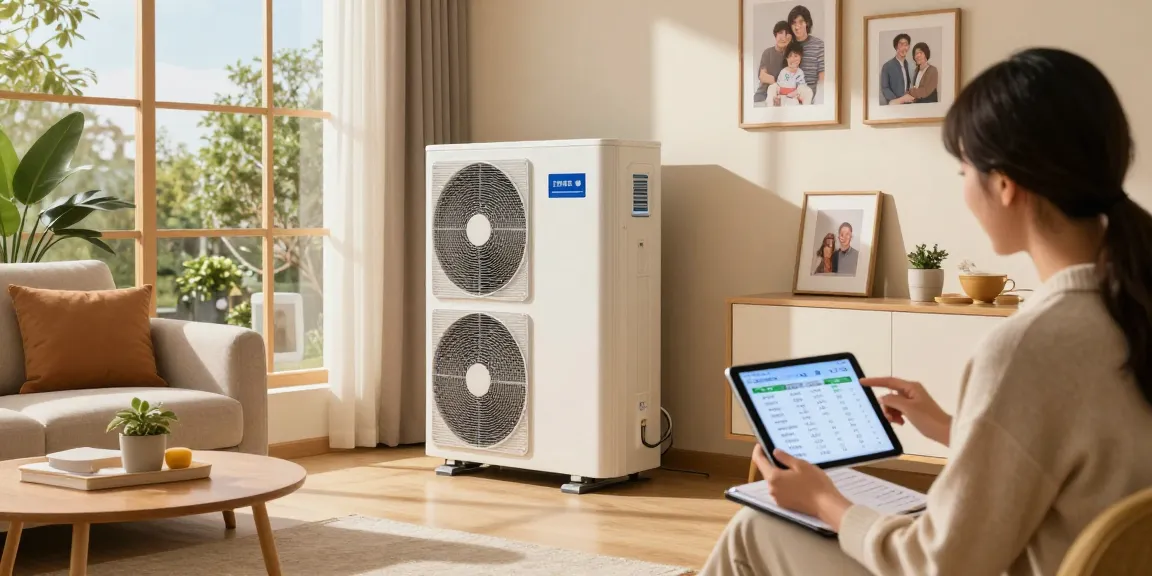 Stylish living room with a wärmepumpe kaufen focus, featuring a heat pump, couple discussing energy efficiency.