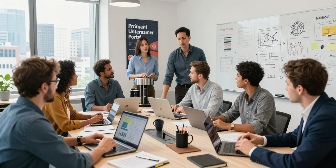 Collaborative entrepreneurs in a modern office discussing strategies at Zum Unternehmer-Portal meeting.
