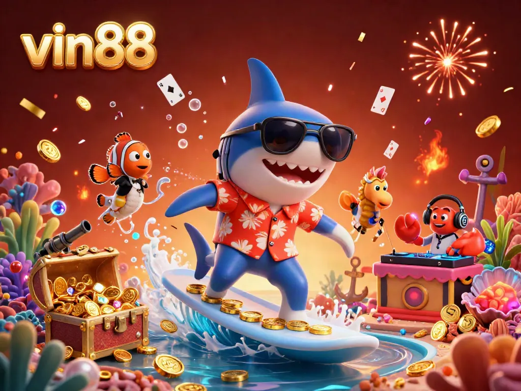 Experience thrilling gameplay at vin88 with a vibrant, animated scene featuring a shark and colorful sea creatures.