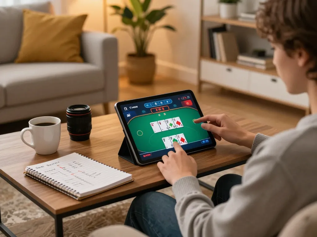 Player engaging in QQ88 poker game on a tablet, showcasing strategic gameplay at home.