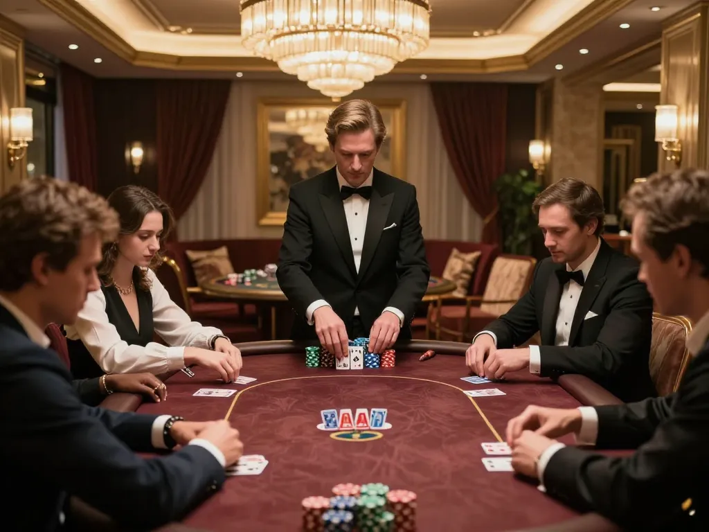 Engaged players in a fun79 poker game, showcasing a strategic atmosphere in a luxurious setting