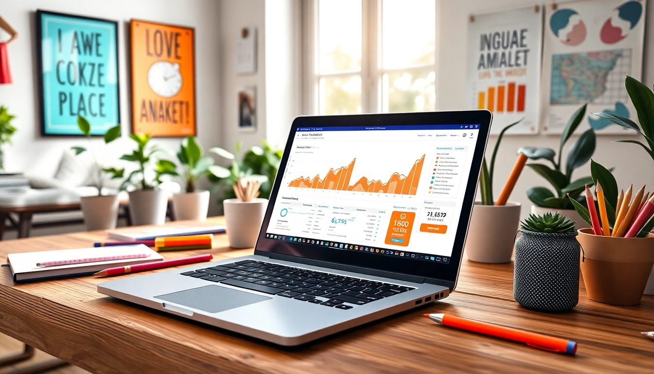Online Marketing Strategien in einem modernen, kreativen Arbeitsumfeld mit Laptop und kreativen Materialien.