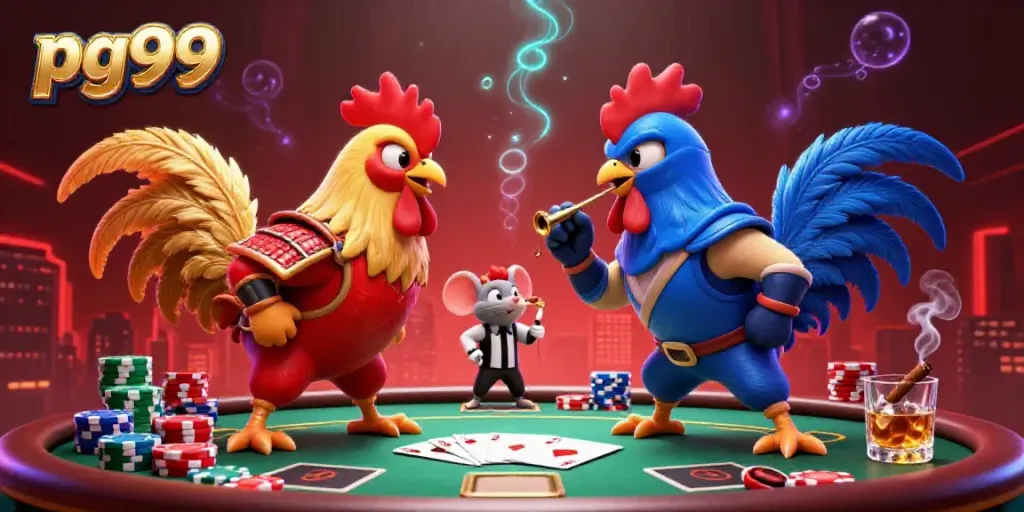 Engage in thrilling poker action on pg99 with samurai and ninja roosters facing off in a vibrant casino scene.