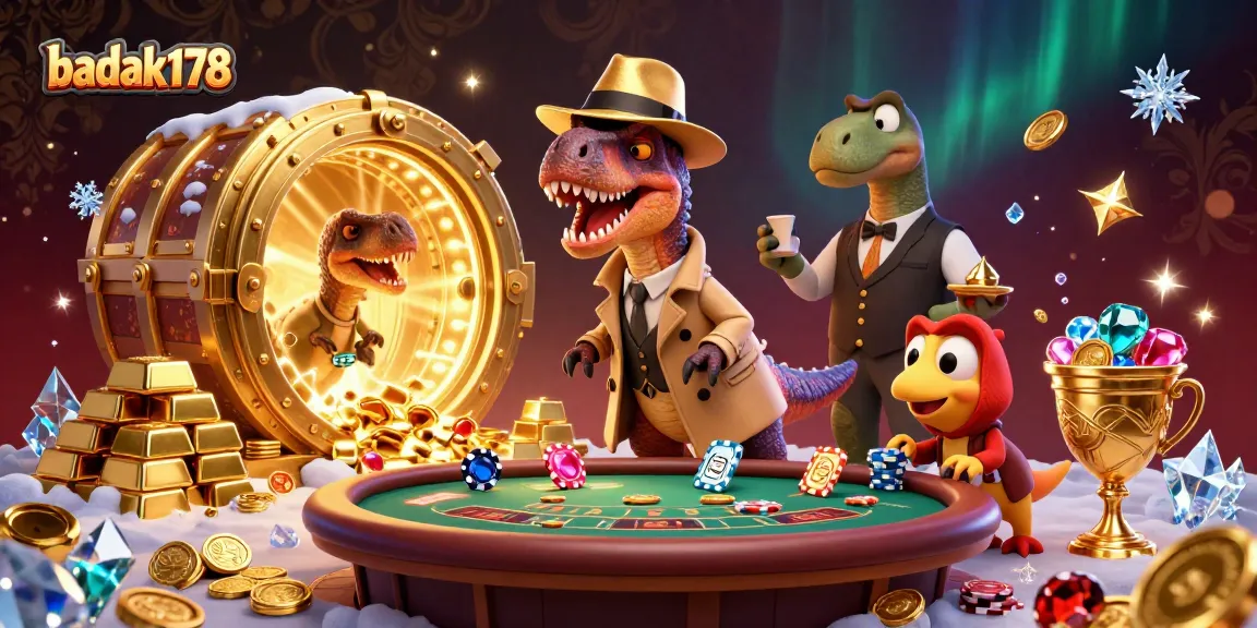 badak178 showcases vibrant casino scene with cartoon velociraptor counter, stegosaurus pit boss, and compy pickpocket.