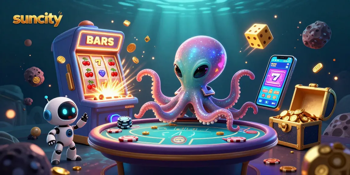 Engaging Suncity casino scene with an alien octopus and robot amidst vibrant gaming elements.