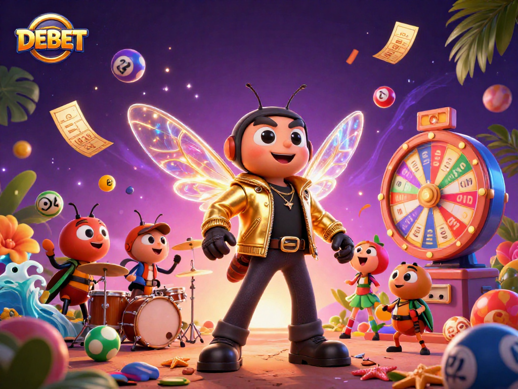 Win with DEBET's vibrant lottery scene featuring fun characters and dynamic gaming elements