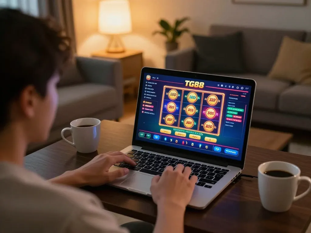 Player immersing in TG88 online casino gaming experience displaying vibrant slots