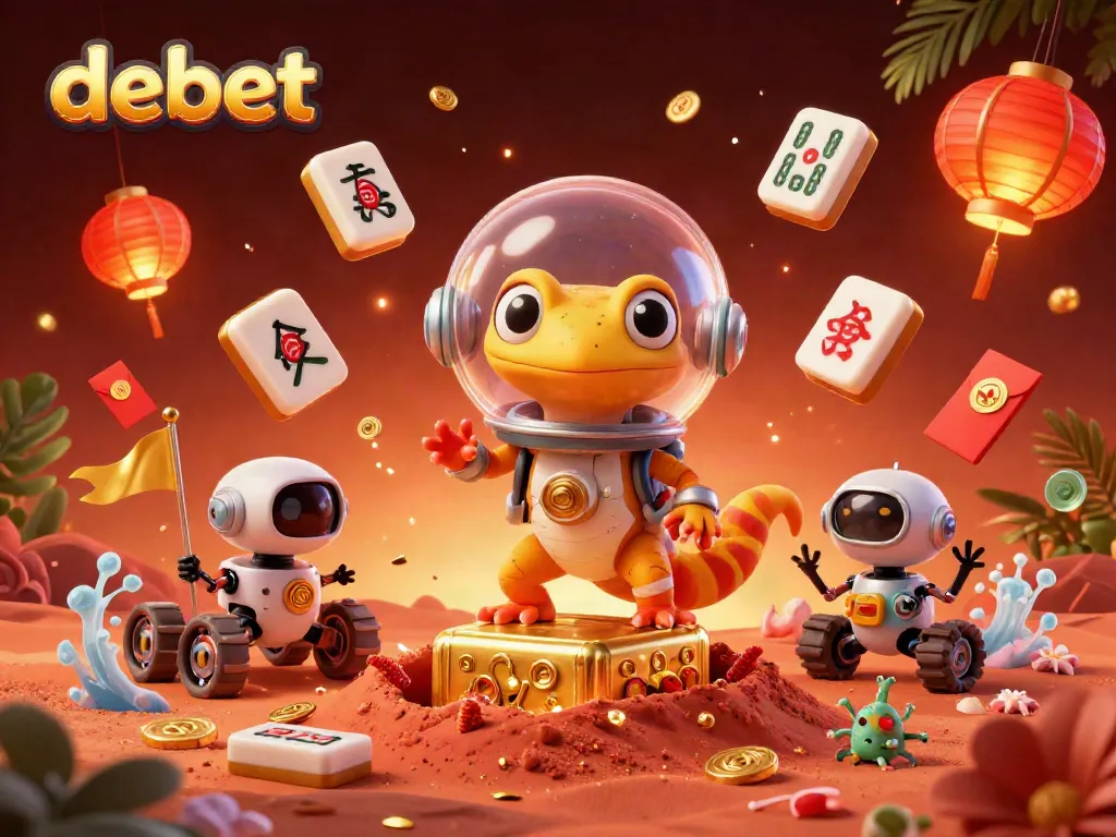 Martian gecko and robot rover celebrate wins at the debet golden casino with festive elements.