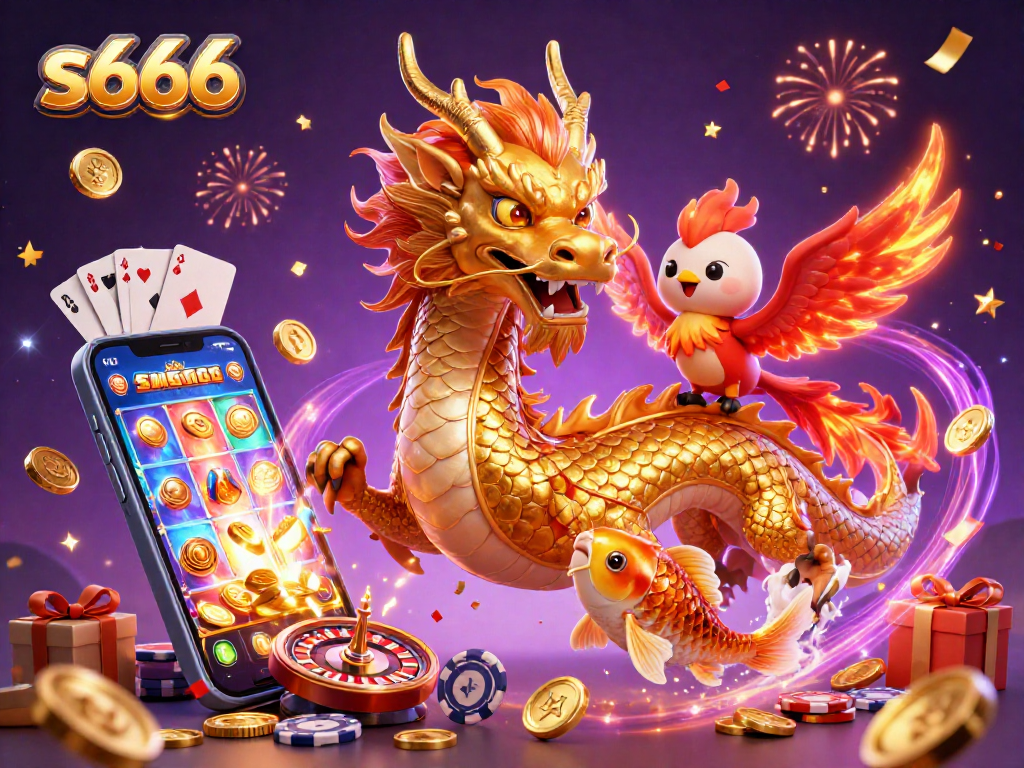Experience the thrill of s666 with a golden dragon and phoenix amidst coins and gaming elements.