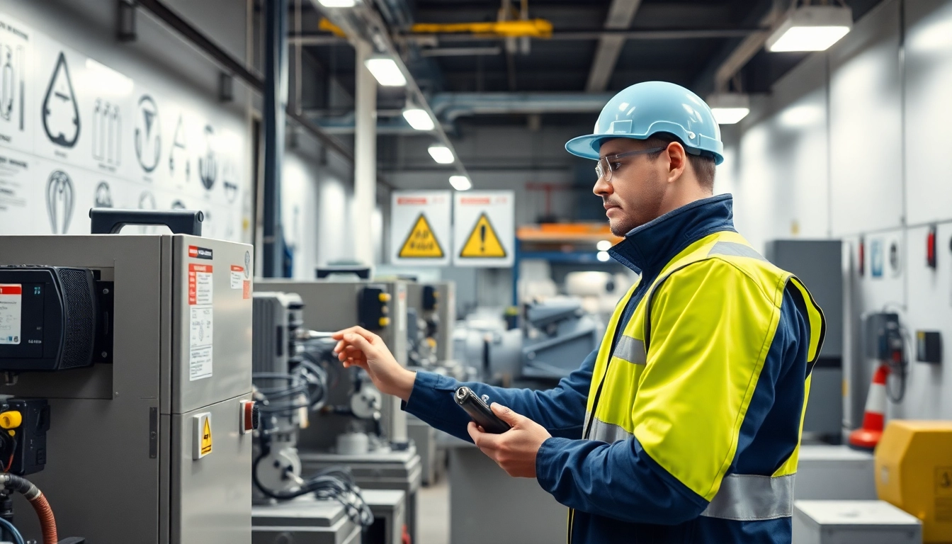 DGUV V3 Prüfung technician inspecting industrial equipment for safety compliance.