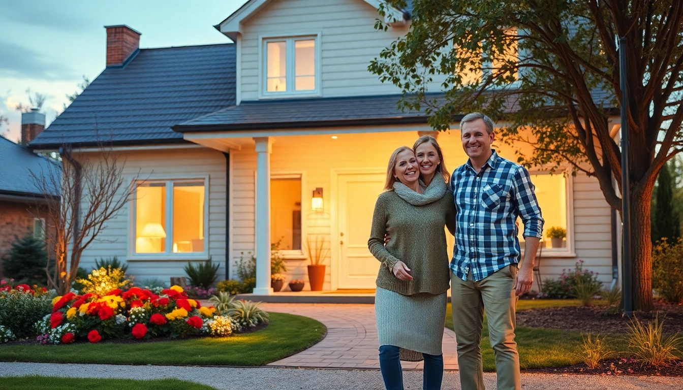 Glückliches Paar vor ihrem neu gekauften Haus, symbolisch für den Hauskauf.