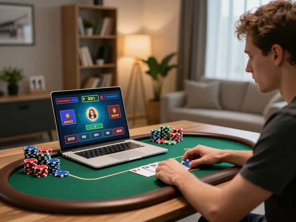 Người chơi LUCK8 thưởng thức một trận poker chiến lược trong phiên chơi trực tuyến tại không gian thoải mái ở nhà.