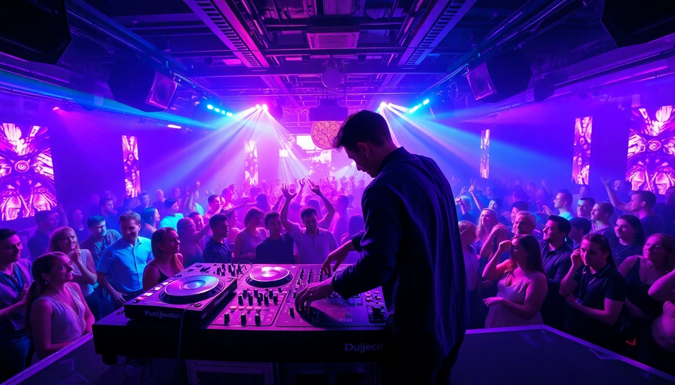 DJ aus München begeistert das Publikum in einem lebhaften Club mit pulsierenden Lichtern.