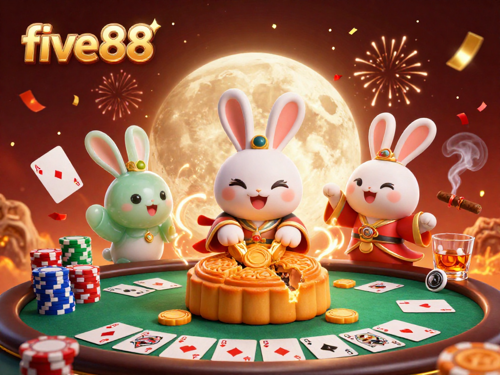 Play with excitement at five88, where the moon rabbit reveals poker treasures amidst celebrations.
