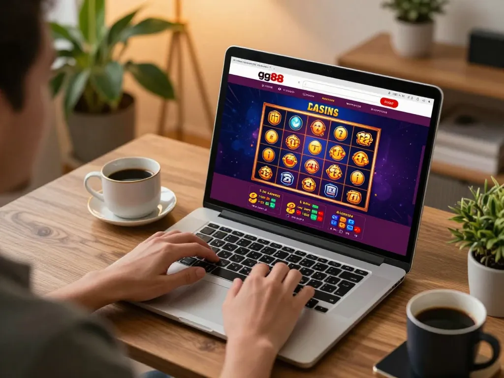 Engaging online gaming scene at gg88 showing a lively slot game on a laptop.