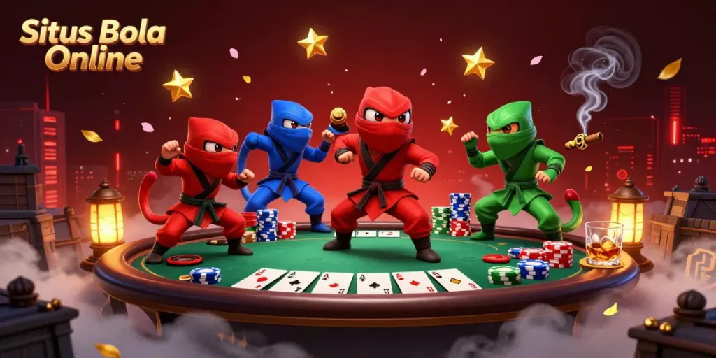 Situs Bola Online illustration of ninja chameleons in action beside a vibrant poker table and glowing city skyline.