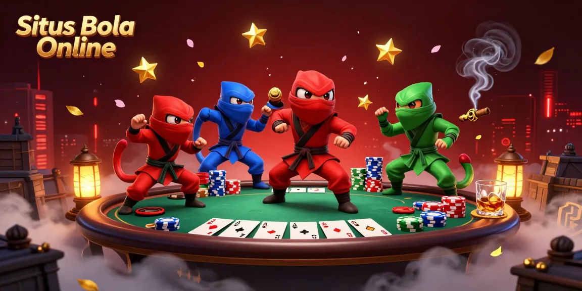 Situs Bola Online illustration of ninja chameleons in action beside a vibrant poker table and glowing city skyline.