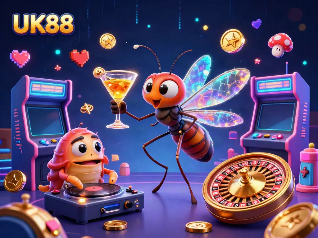 Engage in exhilarating gameplay at UK88 with a vibrant 3D casino scene showcasing animated characters and gaming elements.