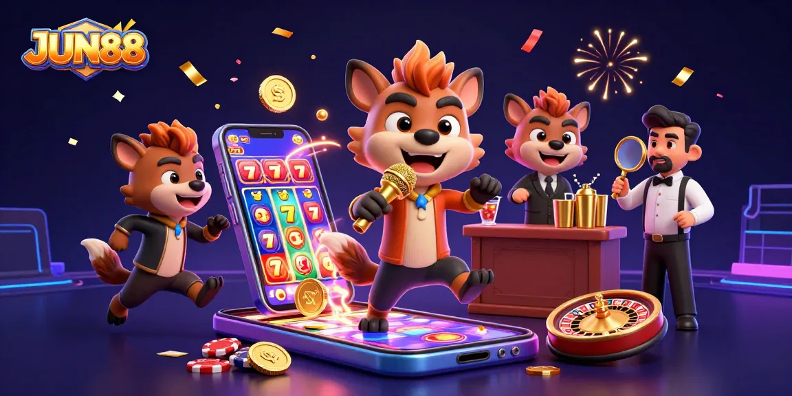 Enjoy an immersive JUN88 casino experience with hyenas in a vibrant 3D comedy club setting.