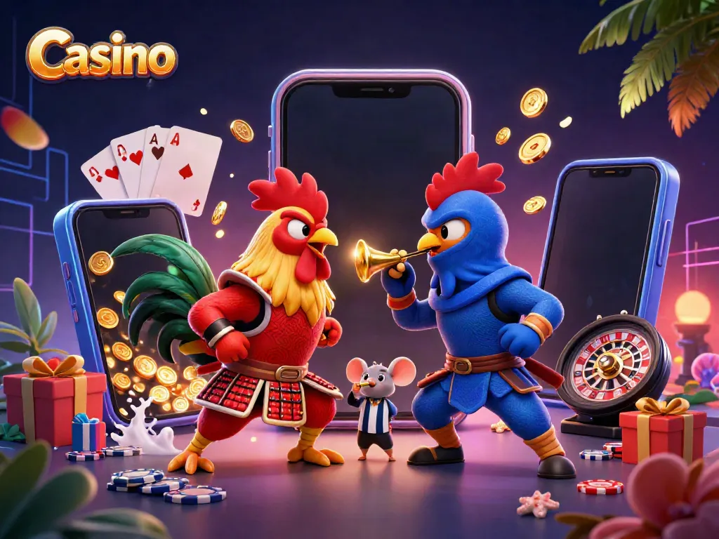 Casino showdown between twin cartoon roosters in a dynamic gambling-themed scene.