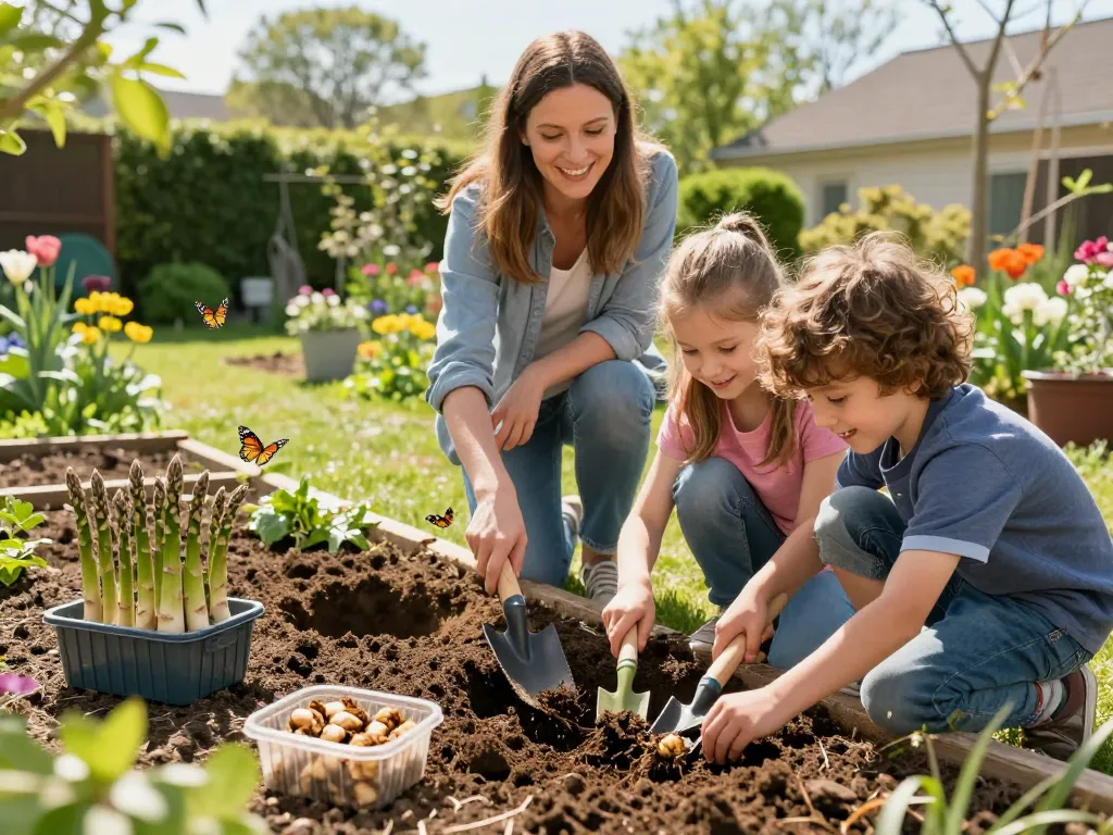 Family planting spargelwurzel kaufen in a sunny garden, showcasing spring gardening activities.
