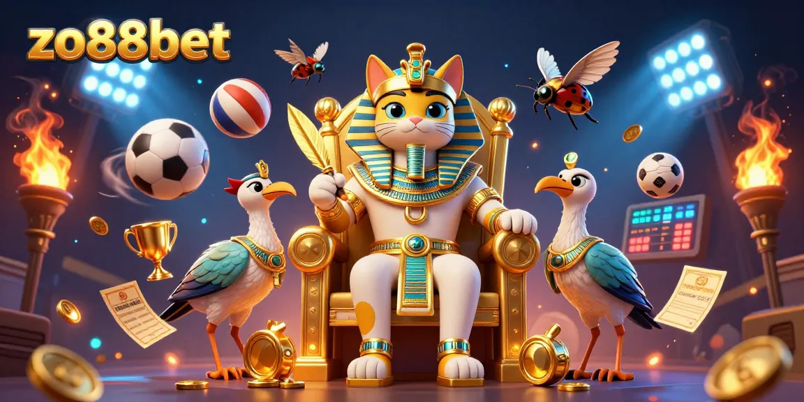 Join the excitement at zo88bet with a dynamic 3D scene featuring a pharaoh cat and sports elements for thrilling gaming.