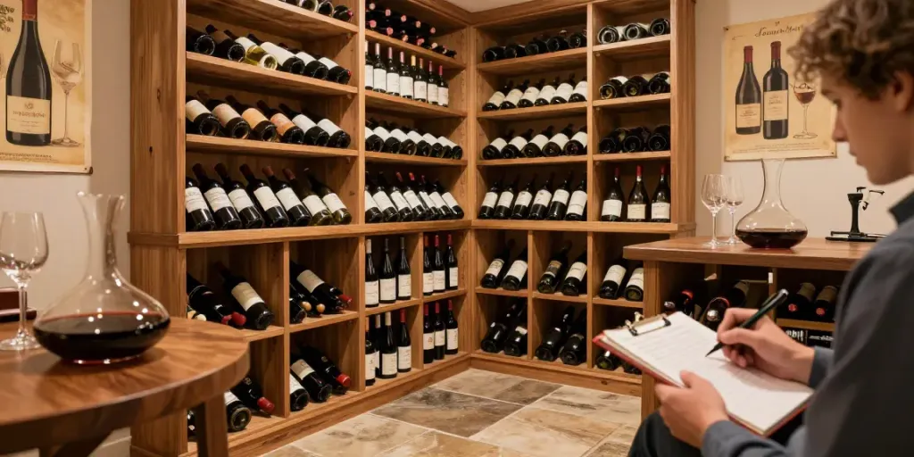 Besitzer von Verkostungsnotizen prüft Weinsammlung in stilvollem Weinkeller.