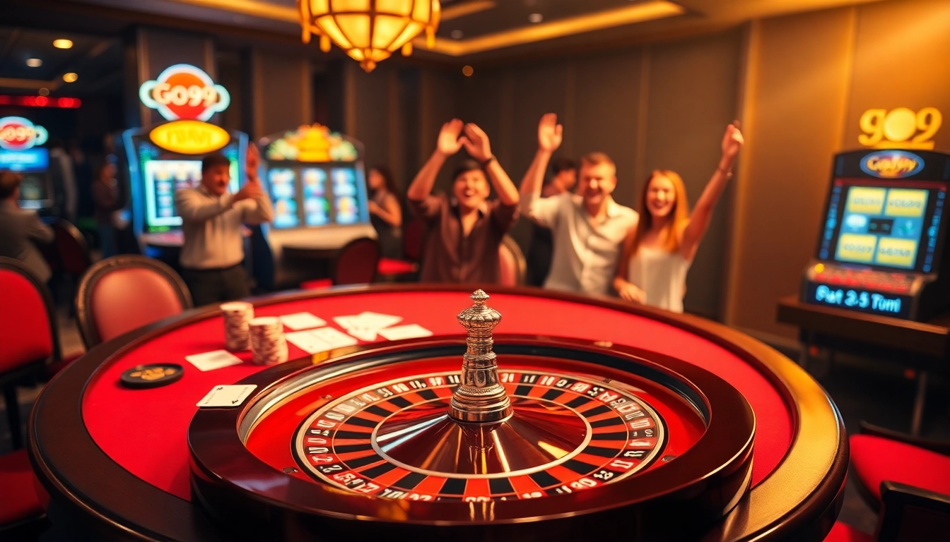 Exciting casino scene showcasing Go99 poker action with chips and a roulette wheel.