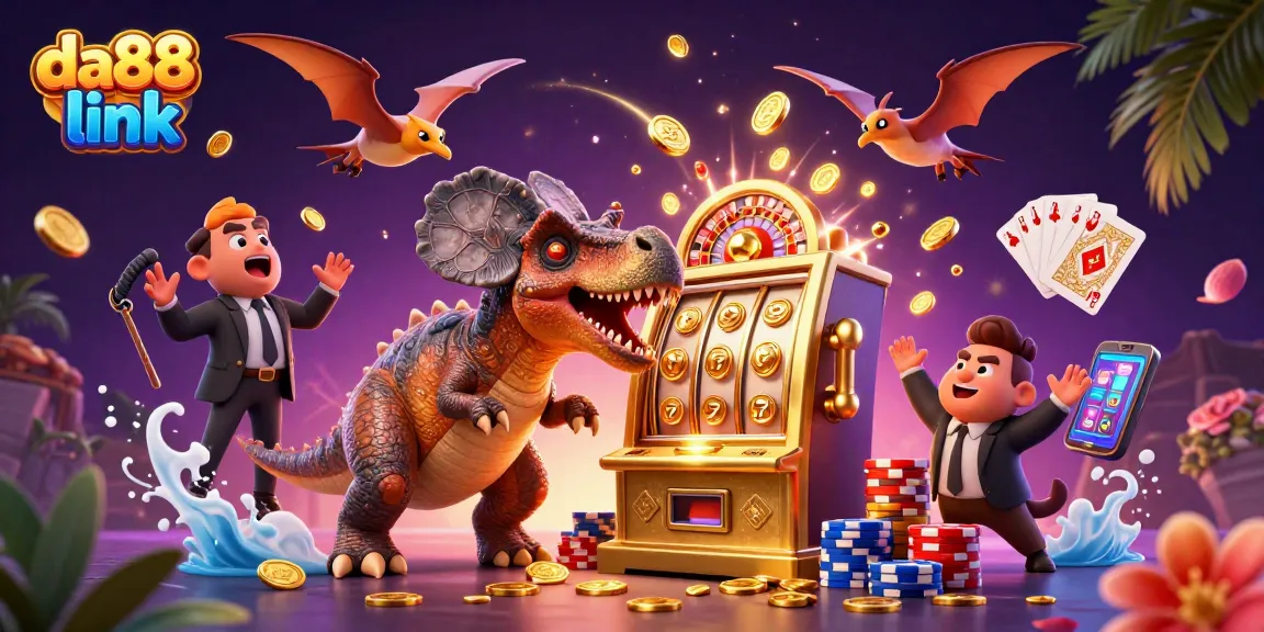 Experience the da88 link excitement with cartoon dinosaurs at a dynamic casino jackpot scene!