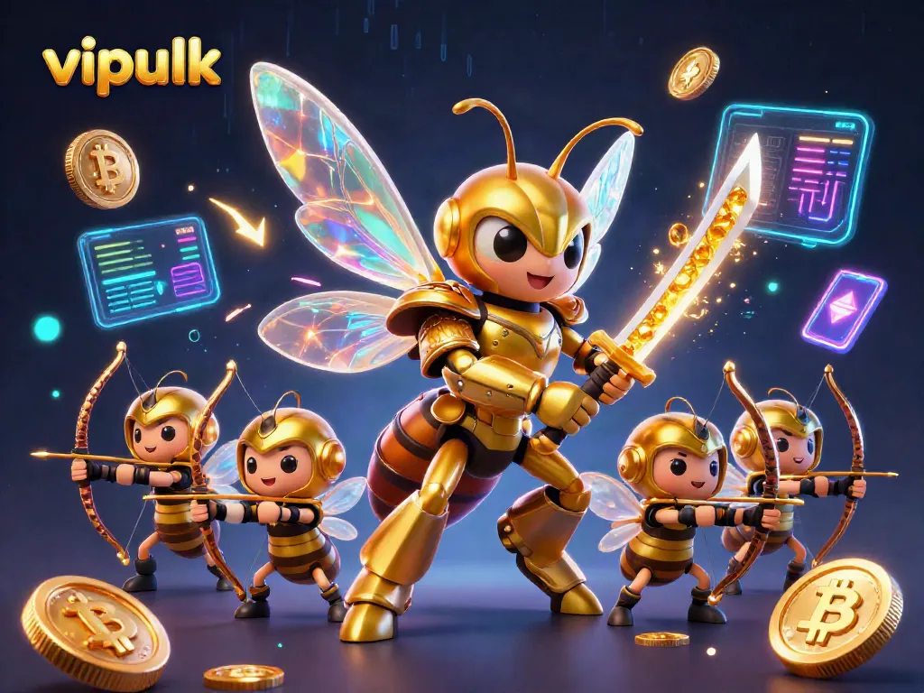 Engage with vipluck at a dynamic casino featuring golden hornet warriors and crypto elements.
