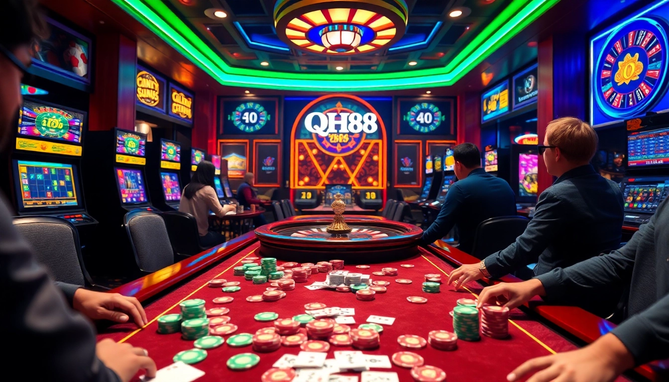Players enjoying an exciting QH88 online gambling experience at a vibrant casino table
