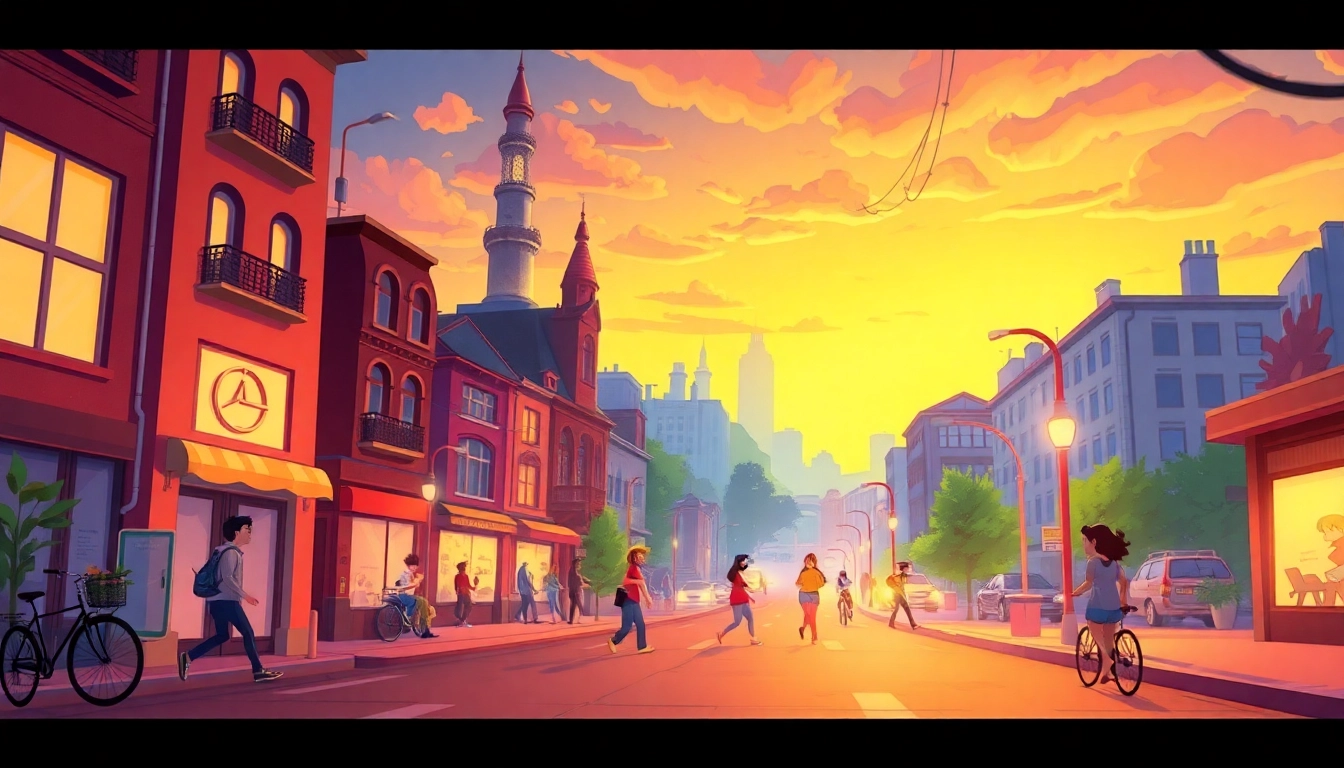 Charaktere in lebendiger Bewegung zeigen das Prinzip der 2D Animation in einer bunten Stadtlandschaft.