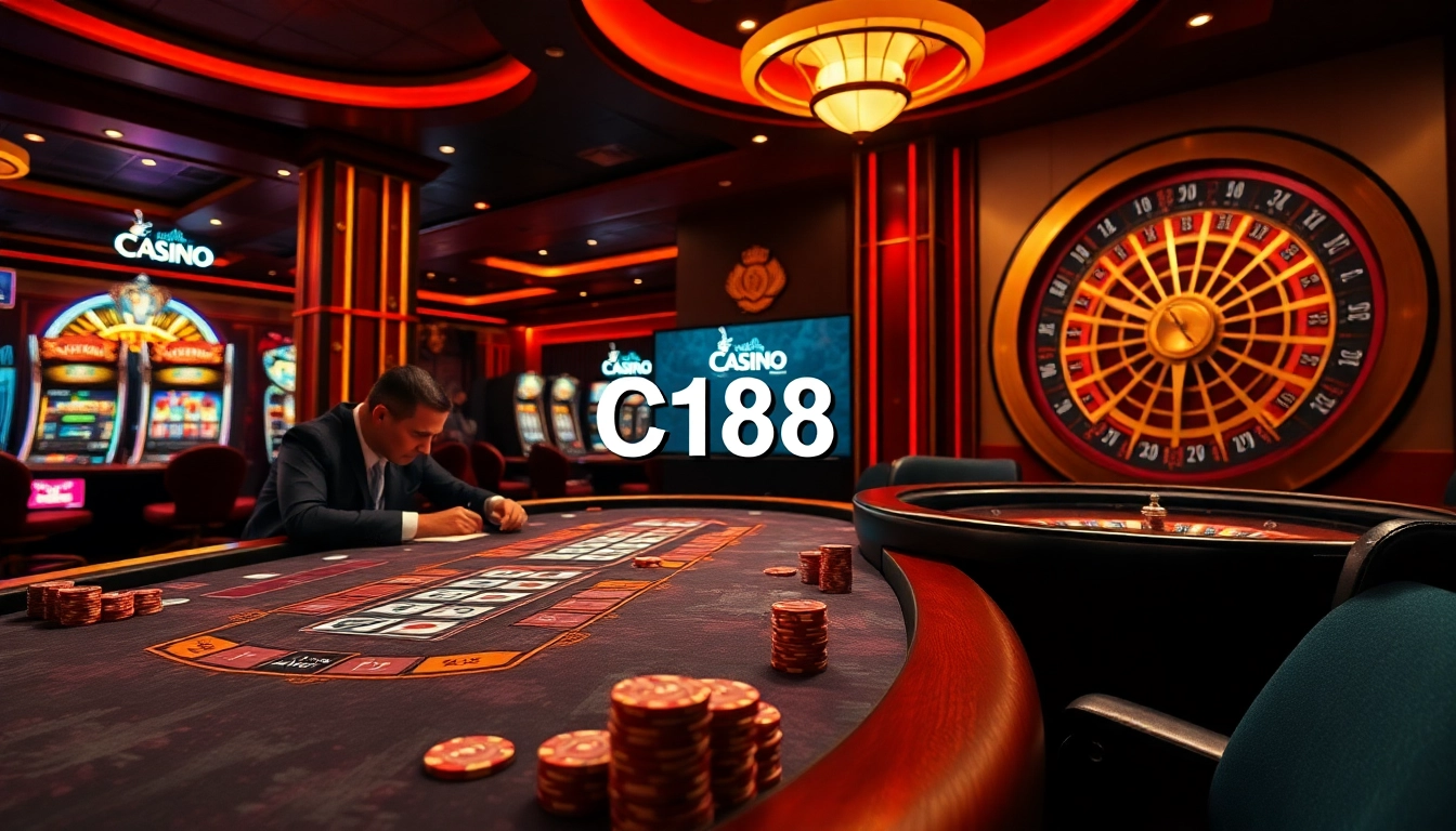 C168 casino scene with luxurious poker table, vibrant slot machines, and roulette wheel highlighting excitement.