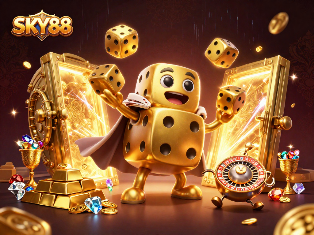 SKY88 showcases a dynamic golden dice golem surrounded by rich casino treasures.