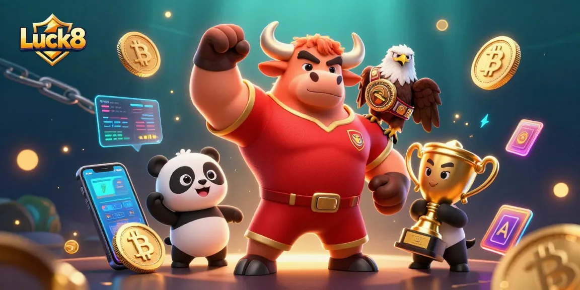 Win big at Luck8 with a 3D cartoon bull, eagle, and panda, celebrating casino success.